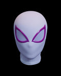 Gwen Stacy mask with purple eye designs on a black background