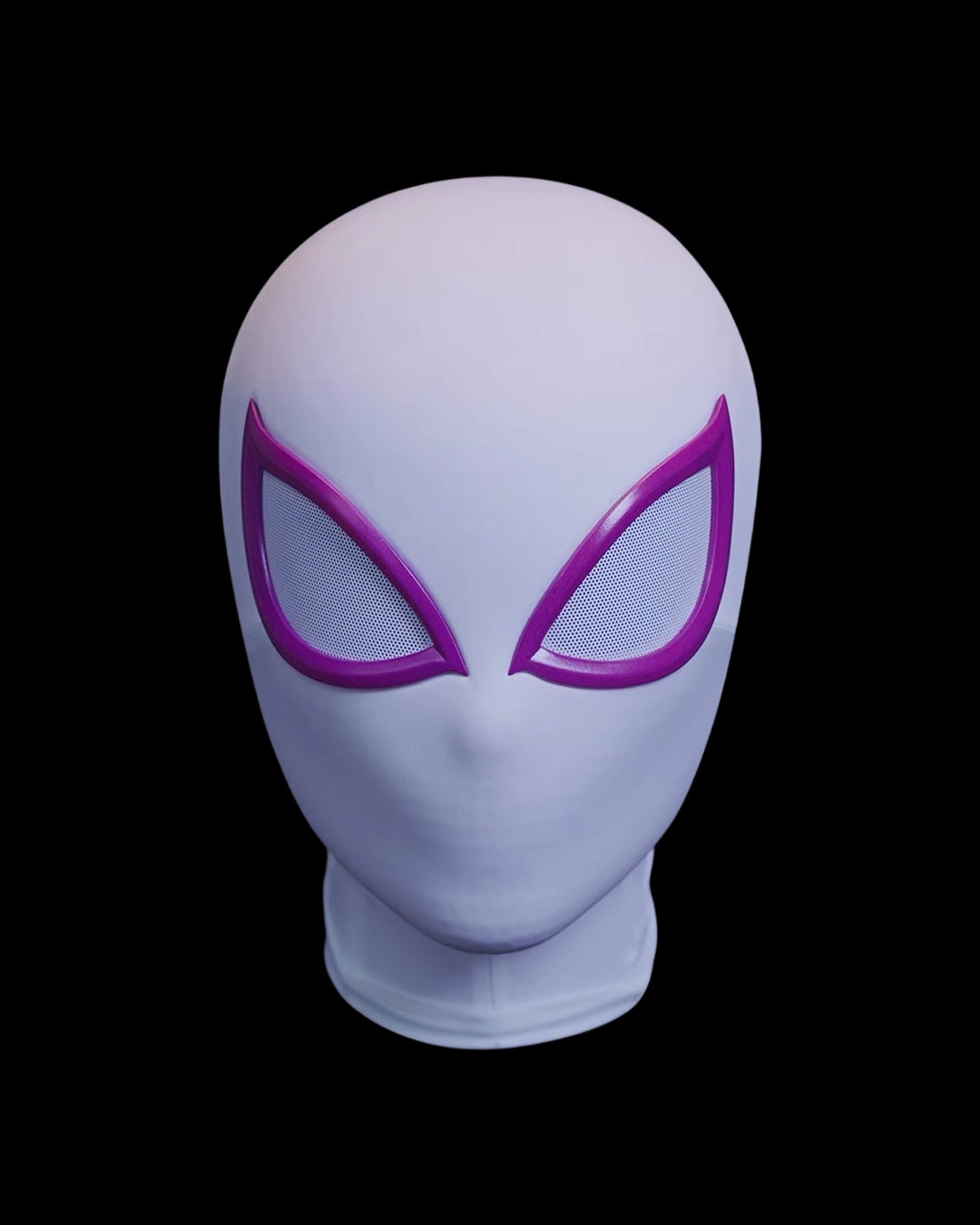 Gwen Stacy mask with purple eye designs on a black background