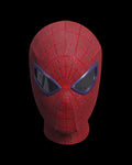 Spider-Man TASM mask with blue eye lenses on a black background