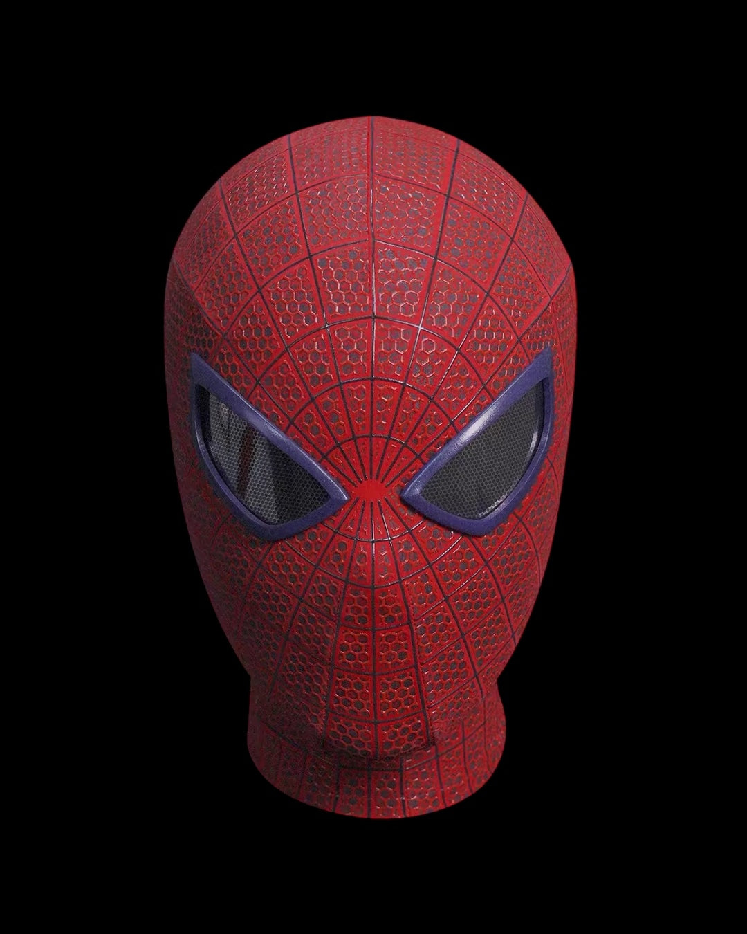 Spider-Man TASM mask with blue eye lenses on a black background