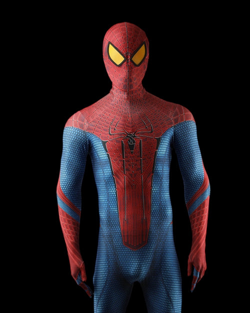 Andrew Garfield Spider-Man Hybrid Suit with large spider emblem on a black background
