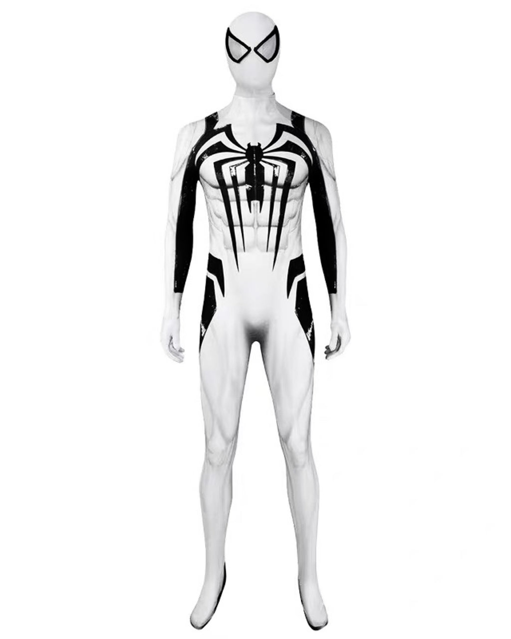 White venom suit with spider design on a white background