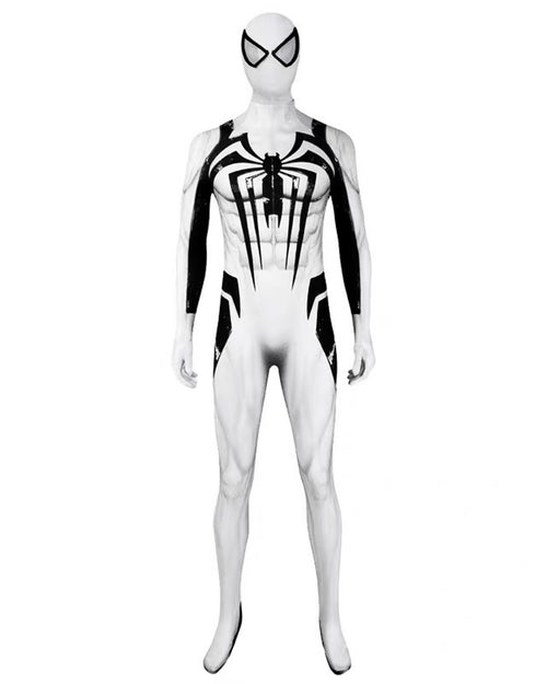 White venom suit with spider design on a white background