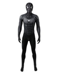Black raimi spider-man suit on a white background