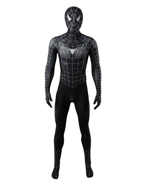 Black raimi spider-man suit on a white background