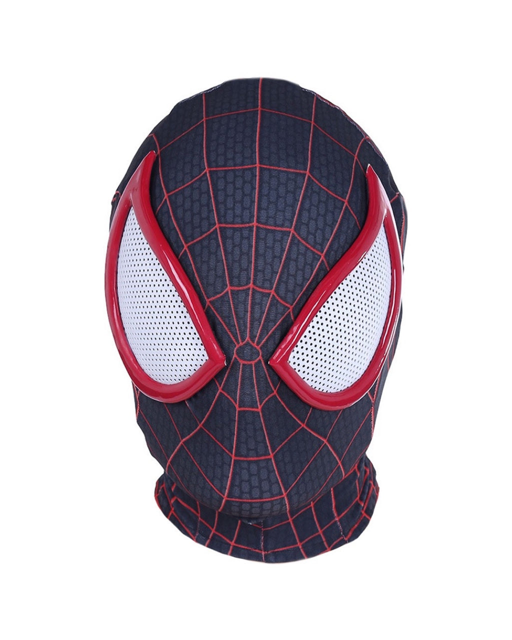 Miles Morales mask with red and blue design on a white background