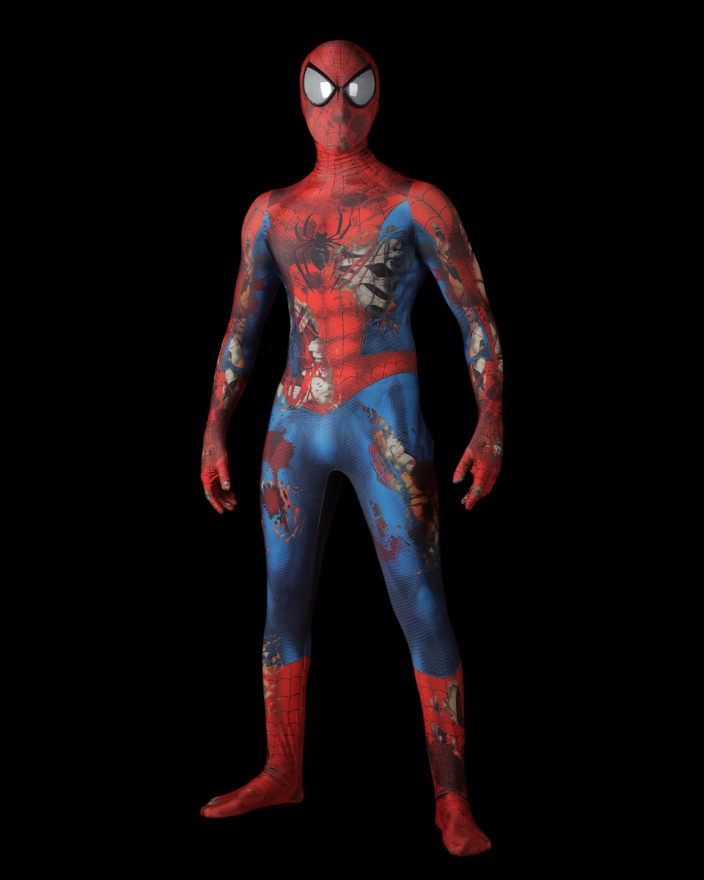 Spider-Man battle worn suit with red and blue design on a black background