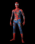 Spider-Man battle worn suit with red and blue design on a black background