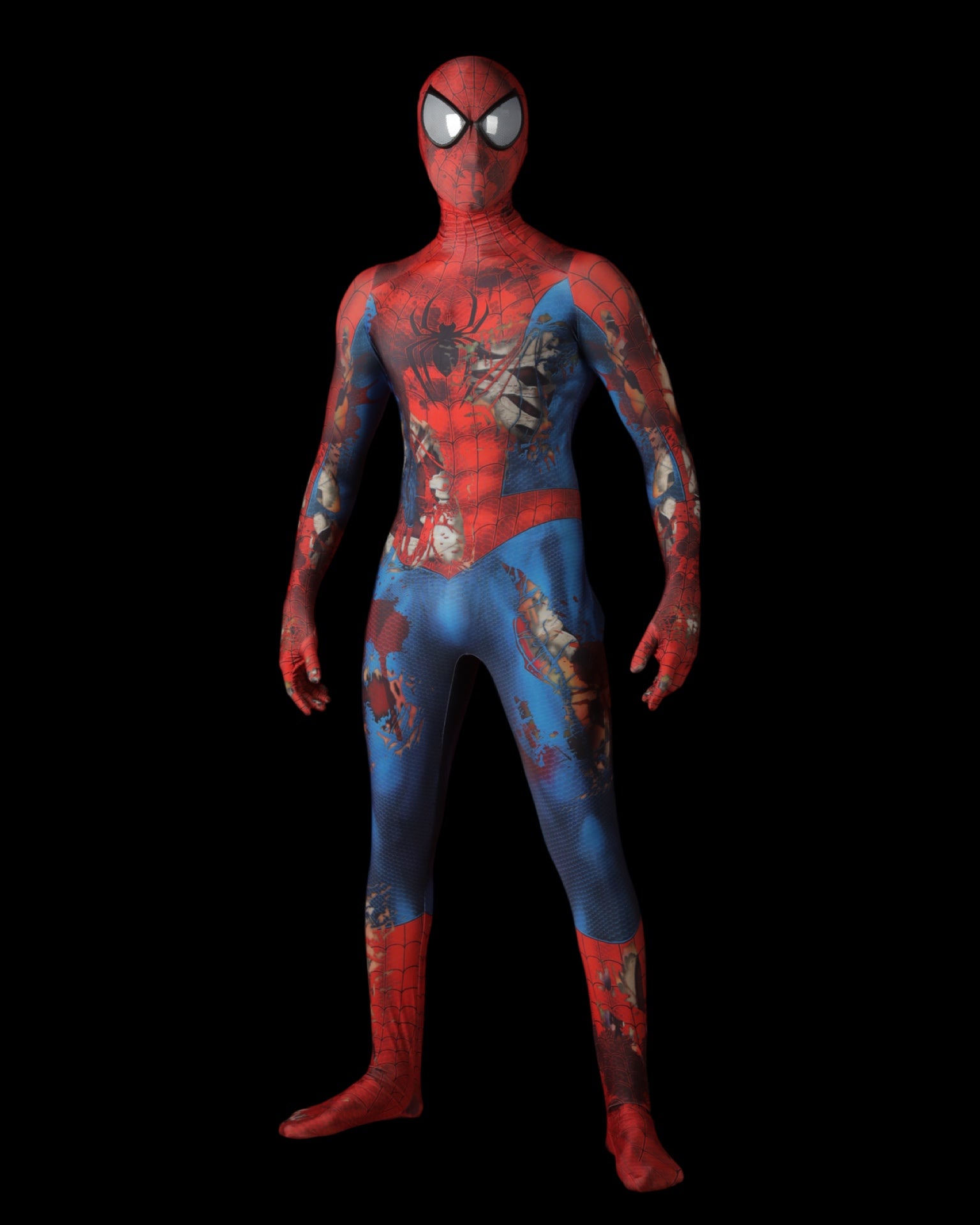 Spider-Man battle worn suit with red and blue design on a black background