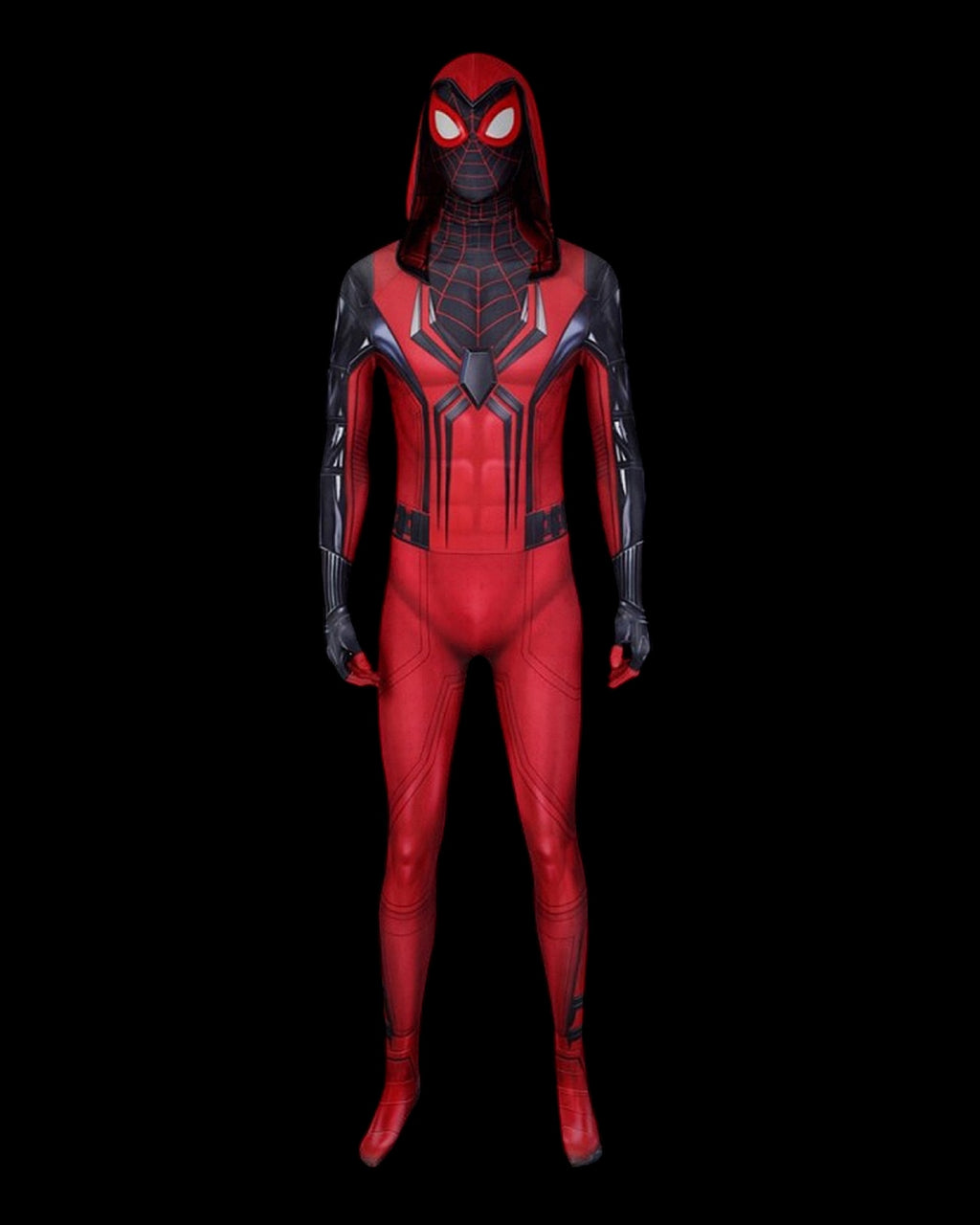 Red and black crimson cowl spider-man suit on a black background