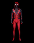 Red and black crimson cowl spider-man suit on a black background