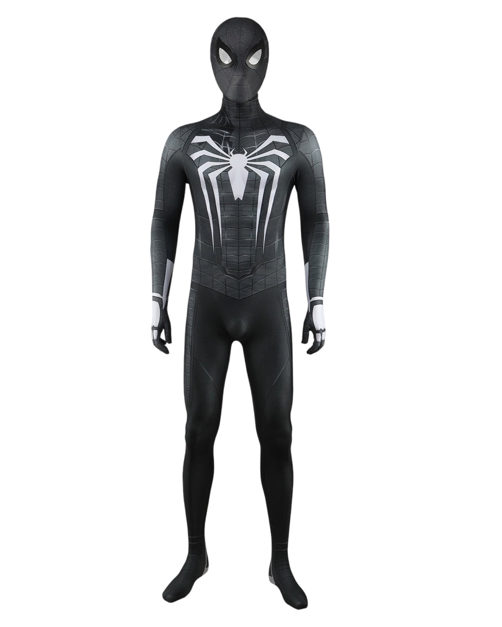 Black Spider-Man symbiote suit with white spider emblem on a white background