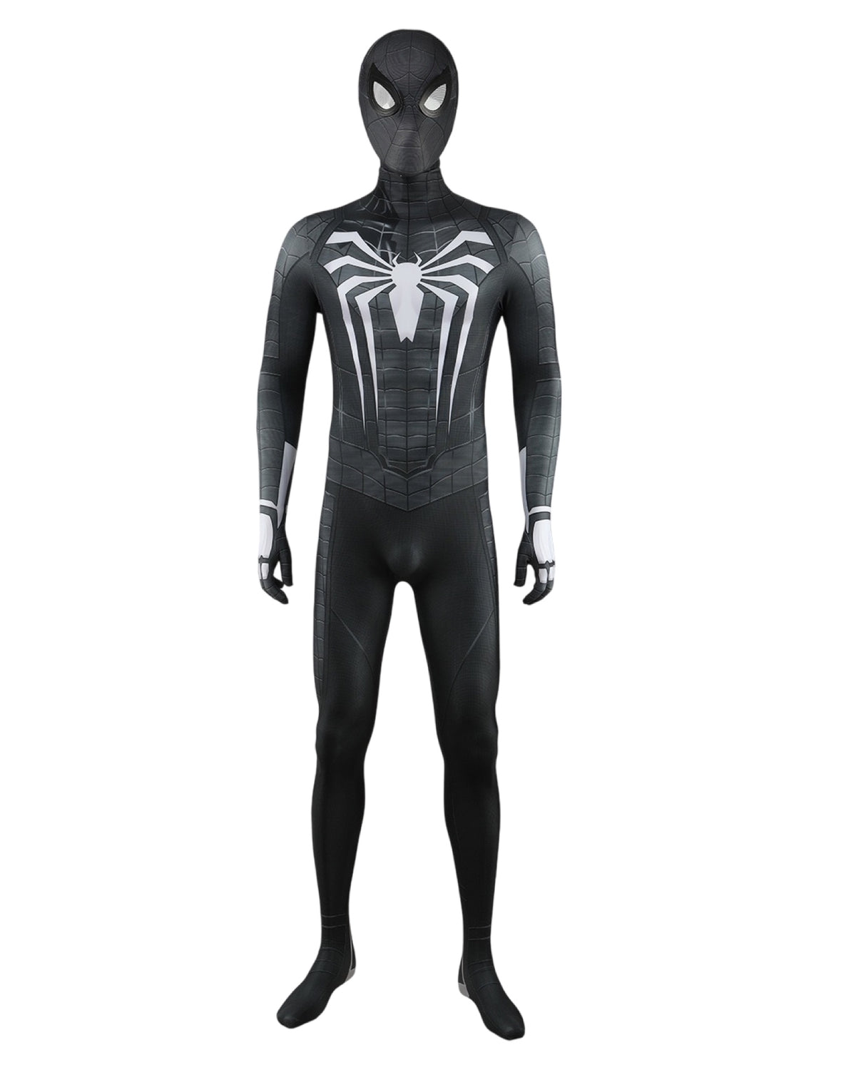 Black Spider-Man symbiote suit with white spider emblem on a white background